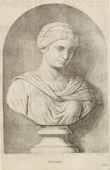 Terentia, Bust of Terentia, print, album page, Series number, 39, 98, Classical bust of a woman with a diadem in her hair., with a series of prints after the sculptures in the collection of Gerard Reynst., number: '59', printmaker: Hubert Quellinus, Antwerp, printmaker: Gerard de Lairesse, 1646 - 1670, paper, engraving, gravure, height 325 mm x width 193 mm, piece of sculpture, reproduction of a piece of sculpture, female persons from classical history, A detailed pencil or ink drawing of a classical bust set in a recessed arched niche, showing the head and shoulders of a serene female figure with stylized wavy hair pulled back by a band, softly downcast eyes, and a composed expression; the figure wears draped garments with layered folds across the chest and shoulders, and the bust rests on a stepped pedestal.