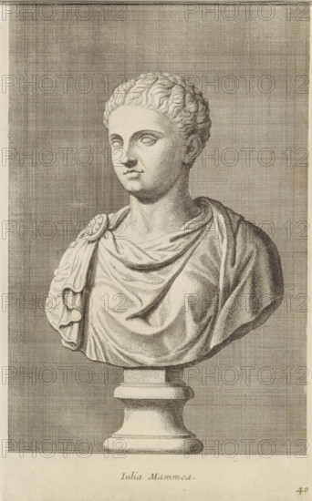 Bust of Empress Julia Mamaea, Julia Mammea, print, album page, Series number, 40, 98, Classical bust of a woman., with a series of prints after the sculptures in the collection of Gerard Reynst., number: '59', printmaker: Hubert Quellinus, Antwerp, printmaker: Gerard de Lairesse, 1646 - 1670, paper, engraving, gravure, height 325 mm x width 197 mm, Person, Julia Mamaea (Empress of the Roman Empire), piece of sculpture, reproduction of a piece of sculpture, female persons from classical history, A monochrome engraved bust of a woman on a pedestal is shown from the chest up, featuring short wavy hair, a serene facial expression with closed or blank eyes, and defined facial contours; she wears draped classical clothing fastened at one shoulder with a decorative circular brooch and folds of fabric across her chest and shoulder, and the bust rests on a turned pedestal against a textured crosshatched background that fills the image.