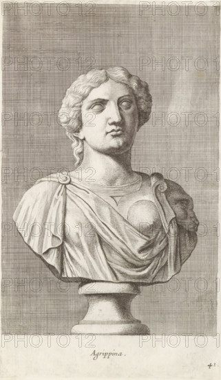 Agrippina, Bust of Agrippina the Younger, print, album page, Series number, 41, 98, Classical bust of a woman with breastplate and a lion on her left shoulder., with a series of prints after the sculptures in the collection of Gerard Reynst., number: '60', printmaker: Hubert Quellinus, Antwerp, printmaker: Gerard de Lairesse, 1646 - 1670, paper, engraving, gravure, height 325 mm x width 195 mm, Person, Agrippina minor, piece of sculpture, reproduction of a piece of sculpture, female persons from classical history, A grayscale engraving of a classical bust depicting a person with wavy hair pulled back and a calm, neutral facial expression, shown from the chest up on a pedestal; the figure wears draped clothing fastened at one shoulder with a circular clasp and a rounded decorative element on the chest, with detailed folds in the fabric and subtle shading lines across the face and body, set against a densely crosshatched rectangular background that fills most of the image.