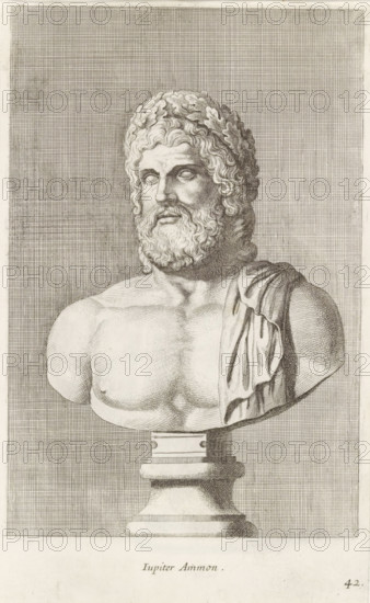 Jupiter Ammon, Bust of Jupiter, print, album page, Series number, 42, 98, Classical bust of a bearded man. He has a wreath of oak leaves around his head., with a series of prints after the sculptures in the collection of Gerard Reynst., inscription: 'Vide lib. No. 10 fol. 94 et lib. No. 4. fol. 104', number: '60', printmaker: Hubert Quellinus, Antwerp, printmaker: Gerard de Lairesse, 1646 - 1670, paper, engraving, gravure, height 325 mm x width 201 mm, piece of sculpture, reproduction of a piece of sculpture, (story of) Jupiter (Zeus), A detailed pencil or ink drawing of a sculpted male bust on a pedestal, showing the head and upper torso with a thick curly beard and wavy hair adorned with a leafy wreath; the eyes are blank and the facial features are strong and solemn; a draped cloth falls over one shoulder and across the chest, leaving the other shoulder bare; the pedestal beneath the bust is rendered with rounded and rectangular elements; the background is filled with tight crosshat...