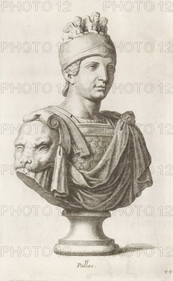 Bust of Minerva, Pallas, print, album page, Series number, 44, 98, Classical bust of Minerva with three sphinxes on her helmet and a lion's head on her shoulder., with a series of prints after the sculptures in the collection of Gerard Reynst., inscription: 'Vide lib. No. 4 de folio 2 ...', number: '61', printmaker: Hubert Quellinus, Antwerp, printmaker: Gerard de Lairesse, 1646 - 1670, Hubert Quellinus, Gerard de Lairesse, printmaker, paper, engraving, height 325 mm x width 195 mm, piece of sculpture, reproduction of a piece of sculpture, (story of) Minerva (Pallas, Athena), A detailed pencil or ink drawing of a classical bust on a pedestal depicting a helmeted figure with short hair and a calm facial expression, wearing ornate armor with scale-like plates and a draped cloak pinned at one shoulder, the helmet topped by three small winged cherub-like figures, and the armor featuring a lion-head ornament on one side with a draped cloth hanging from it, all rendered with fine hatching an...