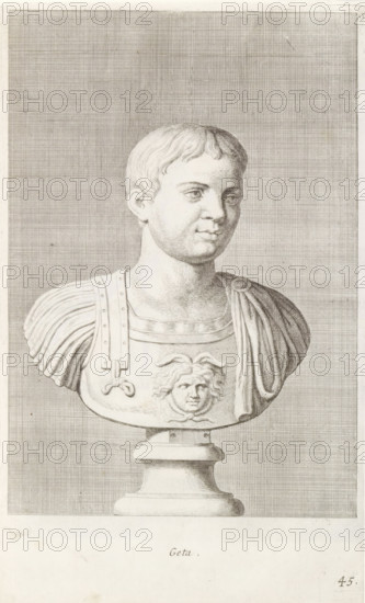 Geta, Bust of Emperor Geta, print, album page, Series number, 45, 98, Classical bust of a man in breastplate with the head of Medusa., with a series of prints after the sculptures in the collection of Gerard Reynst., number: '62', printmaker: Hubert Quellinus, Antwerp, printmaker: Gerard de Lairesse, 1646 - 1670, paper, engraving, gravure, height 325 mm x width 197 mm, Person, piece of sculpture, reproduction of a piece of sculpture, A detailed pencil-like engraving shows a classical bust of a young male figure set on a pedestal against a finely crosshatched background. The figure has short, wavy hair and a smooth, youthful face with neutral expression, looking slightly to the viewer's right. He wears a sculpted cuirass with layered shoulder decorations and a draped cloth over one shoulder; the chest of the armor features a carved face with flowing hair. The pedestal beneath the bust is simple and rounded, and the entire image is framed by a narrow border.