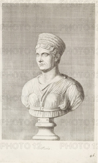 Bust of Flavia, Flavia, print, album page, Series number, 46, 98, Classical bust of an older woman in a tunic., with a series of prints after the sculptures in the collection of Gerard Reynst., number: '62', printmaker: Hubert Quellinus, Antwerp, printmaker: Gerard de Lairesse, 1646 - 1670, paper, engraving, gravure, height 325 mm x width 198 mm, piece of sculpture, reproduction of a piece of sculpture, female persons from classical history, A monochrome engraved bust of a woman shown from the chest upward on a pedestal, rendered with fine crosshatching; she wears a patterned cap covering her hair, a draped garment pinned at the shoulders with rounded fastenings, and a belt beneath the bust; her face is turned slightly to the side with defined eyes, nose, and lips, and the pedestal beneath her has a flared base and a stepped neck; the background is filled with dense crosshatched shading.