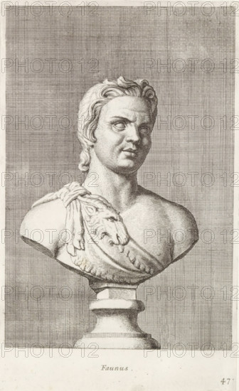 Faunus, Bust of Pan, print, album page, Series number, 47, 98, Classical bust of the god Pan. Over his shoulder lies the skin of a goat., with a series of prints after the sculptures in the collection of Gerard Reynst., inscription: 'Vide lib. No. 10 fol. 53', number: '63', printmaker: Hubert Quellinus, Antwerp, printmaker: Gerard de Lairesse, 1646 - 1670, paper, engraving, gravure, height 325 mm x width 196 mm, piece of sculpture, reproduction of a piece of sculpture, (story of) Pan, A detailed monochrome engraving of a classical bust on a pedestal, showing a youthful male figure with wavy hair pushed back from the forehead and a smooth, idealized face turned slightly to one side, the eyes looking outward; the shoulders and upper chest are exposed and draped with a richly textured cloth that includes a sculpted animal head motif, and the bust rests on a rounded, carved column base; the background is filled with a dense crosshatched pattern creating tonal variation across the rectangul...