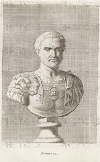 Bust of Antoninus, Antoninus, print, album page, Series number, 48, 98, Classical bust of a man in breastplate. He has a lion's head on his right shoulder., with a series of prints after the sculptures in the collection of Gerard Reynst., number: '63', inscription: 'Vide lib. No 4. fol. 98. lib. No. 10 fol. 52 ...', printmaker: Hubert Quellinus, Antwerp, printmaker: Gerard de Lairesse, 1646 - 1670, Hubert Quellinus, Gerard de Lairesse, printmaker, paper, engraving, gravure, height 325 mm x width 194 mm, Person, Antoninus Pius (Emperor of the Roman Empire), piece of sculpture, reproduction of a piece of sculpture, A detailed engraved bust of a bearded man displayed on a pedestal, shown from the chest up, with short wavy hair and a solemn facial expression, wearing a decorated cuirass featuring a lion's head draped over one shoulder and an ornamental medallion at the center, with a cloak gathered over the opposite shoulder; the background consists of a fine crosshatched pattern filling t...