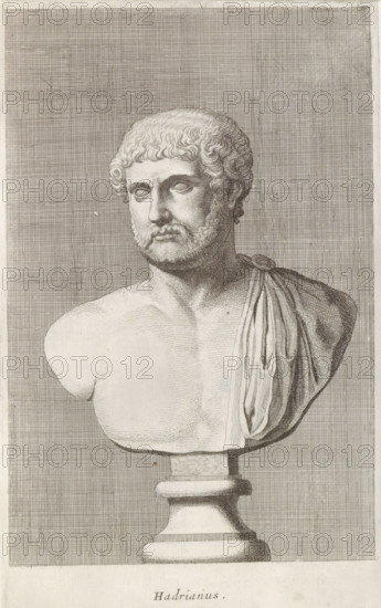 Bust of Emperor Hadrian, Hadrian, print, album page, Series number, 49, 98, Classical bust of a bearded man with a half-naked torso., with a series of prints after the sculptures in the collection of Gerard Reynst., number: '64', inscription: 'Vide lib. No. 19. fol. 15', printmaker: Hubert Quellinus, Antwerp, printmaker: Gerard de Lairesse, 1646 - 1670, paper, engraving, gravure, height 325 mm x width 192 mm, Person, piece of sculpture, reproduction of a piece of sculpture, A detailed monochrome engraving of a classical marble bust on a pedestal showing a bearded man with wavy hair and a solemn expression, depicted from the chest up with one shoulder draped in cloth; the bust is centered against a densely hatched rectangular background and rests on a turned base, with visible shading lines and fine crosshatching throughout the figure and backdrop.