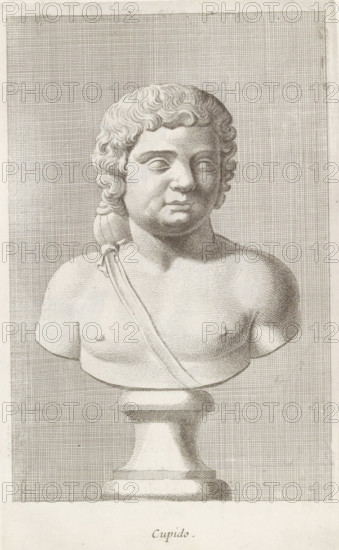 Bust of Amor, Cupid, print, album page, Series number, 50, 98, Classical bust of a boy with a tube on his back., with a series of prints after the sculptures in the collection of Gerard Reynst., number: '64', inscription: 'Vide lib. No. 4 de fol. 22 ...', printmaker: Hubert Quellinus, Antwerp, printmaker: Gerard de Lairesse, 1646 - 1670, paper, engraving, gravure, height 325 mm x width 195 mm, piece of sculpture, reproduction of a piece of sculpture, (story of) Cupid, Amor (Eros), A detailed pencil or ink drawing of a classical bust on a pedestal, showing a youthful face with curly hair, closed or blank eyes, and a neutral expression; the bust includes shoulders and a draped strap across the torso, rendered with fine crosshatching; the pedestal beneath the bust is rounded and shaded; the background consists of a grid-like pattern of fine lines filling the rectangular frame.