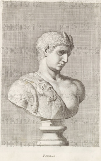 Faunus, Bust of Pan, print, album page, Series number, 51, 98, Classical bust of Pan with a goat skin over his shoulder and two horns on his head., with a series of prints after the sculptures in the collection of Gerard Reynst., inscription: 'Vide lib. No. 10 fol. 53', number: '65', printmaker: Hubert Quellinus, Antwerp, printmaker: Gerard de Lairesse, 1646 - 1670, paper, engraving, gravure, height 325 mm x width 196 mm, piece of sculpture, reproduction of a piece of sculpture, (story of) Pan, A finely detailed monochrome engraving of a classical bust on a pedestal, showing a youthful male figure with short curly hair and a calm facial expression, the head turned slightly to one side; the torso is bare and rendered with subtle shading and crosshatching, and a draped animal skin with a stylized head rests over one shoulder; the bust stands on a rounded, tiered plinth, and the background is filled with a uniform grid-like pattern.