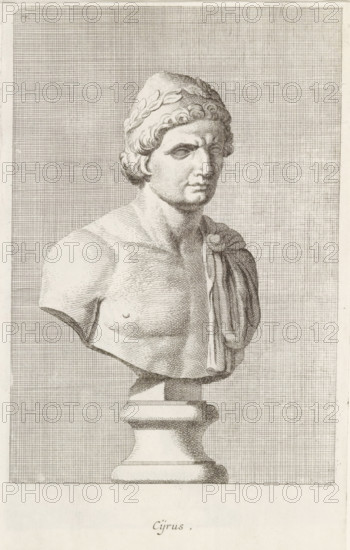 Bust of Cyrus, Cijrus, print, album page, Series number, 52, 98, Classical bust of a man with a Phrygian cap on his head., with a series of prints after the sculptures in the collection of Gerard Reynst., number: '65', printmaker: Hubert Quellinus, Antwerp, printmaker: Gerard de Lairesse, 1646 - 1670, paper, engraving, gravure, height 325 mm x width 195 mm, piece of sculpture, reproduction of a piece of sculpture, male persons from classical history, A monochrome engraving of a classical-style bust on a pedestal showing a male figure from the chest up facing slightly to the right, with short curly hair topped by a laurel wreath and a calm facial expression, a draped cloth over one shoulder fastened near the collarbone, finely hatched shading defining the musculature and contours, set against a densely crosshatched rectangular background panel and mounted on a turned pedestal base within a bordered sheet.