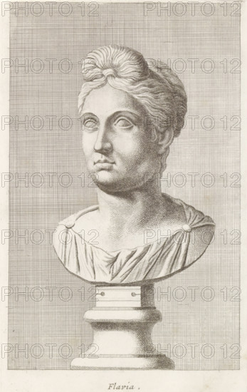 Flavia, Bust of Flavia, print, album page, Series number, 53, 98, Classical bust of Flavia. She has part of the hair on her forehead tied together., with a series of prints after the sculptures in the collection of Gerard Reynst., number: '66', printmaker: Hubert Quellinus, Antwerp, printmaker: Gerard de Lairesse, 1646 - 1670, paper, engraving, gravure, height 325 mm x width 194 mm, piece of sculpture, reproduction of a piece of sculpture, female persons from classical history, A detailed monochrome drawing of a classical sculpted female bust on a pedestal, showing a head and shoulders with hair styled into a central knot and waves, smooth facial features with blank eyes, a straight nose, and closed lips, the neck and upper chest draped in a folded garment fastened at the shoulders with round clasps, all rendered with finely hatched shading and set against a densely crosshatched rectangular background.