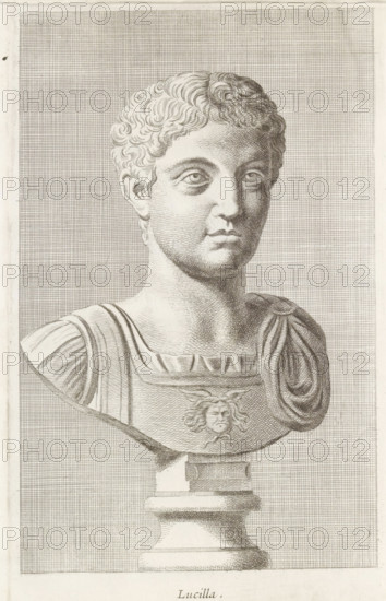 Lucilla, Bust of Lucilla, print, album page, Series number, 54, 98, Classical bust of a young man., with a series of prints after the sculptures in the collection of Gerard Reynst., number: '66', printmaker: Hubert Quellinus, Antwerp, printmaker: Gerard de Lairesse, 1646 - 1670, paper, engraving, height 325 mm x width 195 mm, piece of sculpture, reproduction of a piece of sculpture, male persons from classical history, A finely detailed engraved bust of a young person with short curly hair and a calm facial expression, shown from the shoulders up on a pedestal. The figure wears a draped garment with a rounded shoulder piece and a decorative breastplate featuring a sculpted face motif. The engraving uses fine crosshatching and stippling to render shadows on the face, neck, and clothing, with a densely hatched rectangular background behind the bust. The pedestal beneath the bust is depicted with layered cylindrical forms and hatched shading.
