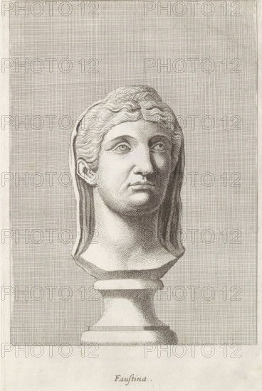 Faustina, Bust of Faustina, print, album page, Series number, 55, 98, Classical bust of a woman. She wears her hair in a braid on her head and has a veil., with a series of prints after the sculptures in the collection of Gerard Reynst., number: '67', printmaker: Hubert Quellinus, Antwerp, printmaker: Gerard de Lairesse, 1646 - 1670, paper, engraving, gravure, height 325 mm x width 199 mm, Person, Faustina the Younger, Faustina the Elder, piece of sculpture, reproduction of a piece of sculpture, female persons from classical history, A monochrome engraved bust of a woman shown from the shoulders up, mounted on a simple pedestal; she has wavy, parted hair pulled back and a calm, forward gaze with softly rendered facial features and a slightly upturned chin; the surface shading is created with fine crosshatching lines and the background is filled with a dense grid of horizontal and vertical lines.