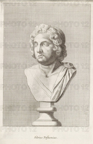 Bust of Silvius Postumius, Silvius Postumius, print, album page, Series number, 56, 98, Classical bust of a boy with medium-length curly hair., with a series of prints after the sculptures in the collection of Gerard Reynst., number: '67', printmaker: Hubert Quellinus, Antwerp, printmaker: Gerard de Lairesse, 1646 - 1670, paper, engraving, height 325 mm x width 200 mm, piece of sculpture, reproduction of a piece of sculpture, male persons from classical history, A detailed sepia-toned engraving of a classical bust on a pedestal, showing a head and upper torso with curly hair, blank eyes, and a calm facial expression, draped cloth over one shoulder, set against a finely crosshatched rectangular background that fills most of the image.