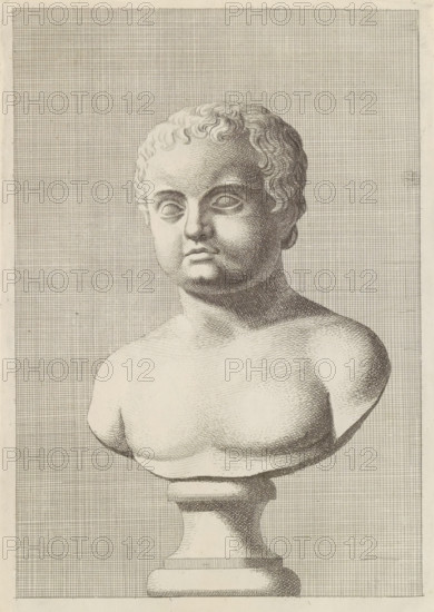 Bust of a boy, print, album page, Series number, 57, 98, Classical bust of a boy with a bare torso, turned to the left., with a series of prints after the sculptures in the collection of Gerard Reynst., number: '68', printmaker: Hubert Quellinus, Antwerp, printmaker: Gerard de Lairesse, 1646 - 1670, paper, engraving, gravure, height 325 mm x width 199 mm, piece of sculpture, reproduction of a piece of sculpture, A monochrome engraving of a bust on a pedestal, showing a head and upper torso with short curly hair and a neutral facial expression, rendered with fine stippling and hatching; the figure is centered against a dense grid background that fills the entire rectangular field, and the pedestal beneath the torso tapers and rests on a squared base.
