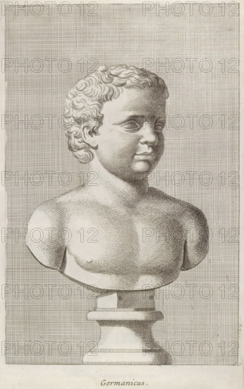 Germanicus, Bust of Germanicus, print, album page, Series number, 58, 98, Classical bust of a boy with a bare torso, turned to the right., with a series of prints after the sculptures in the collection of Gerard Reynst., number: '68', printmaker: Hubert Quellinus, Antwerp, printmaker: Gerard de Lairesse, 1646 - 1670, paper, engraving, gravure, height 325 mm x width 198 mm, piece of sculpture, reproduction of a piece of sculpture, male persons from classical history, A detailed engraving of a classical bust depicting a young person with short, curly hair and a serene expression, shown from the shoulders upward on a fluted pedestal; the figure has soft facial features, closed lips, and a smooth, rounded chest, and the entire composition is set against a tightly crosshatched, grid-like background.