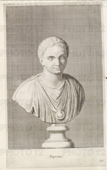 Bust of Papirius, Papirius, print, album page, Series number, 59, 98, Classical bust of a man with a medallion around his neck., with a series of prints after the sculptures in the collection of Gerard Reynst., number: '69', printmaker: Hubert Quellinus, Antwerp, printmaker: Gerard de Lairesse, 1646 - 1670, paper, engraving, gravure, height 329 mm x width 198 mm, piece of sculpture, reproduction of a piece of sculpture, male persons from classical history, A detailed pencil or engraving depiction of a classical bust on a pedestal, showing the head and upper torso of a young person with short wavy hair, softly modeled facial features, and eyes with blank or lightly shaded pupils, wearing draped clothing gathered at the chest with a circular pendant or clasp; the bust rests on a rounded plinth and is set against a finely crosshatched rectangular background panel within a larger plain border.