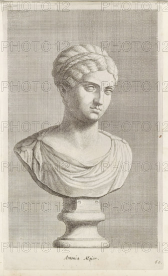 Bust of Antonia the Elder, Antonia Major, print, album page, Series number, 60, 98, Classical bust of a woman in a tunic and with updo hair., with a series of prints after the sculptures in the collection of Gerard Reynst., number: '69', printmaker: Hubert Quellinus, Antwerp, printmaker: Gerard de Lairesse, 1646 - 1670, paper, engraving, height 327 mm x width 199 mm, Person, piece of sculpture, reproduction of a piece of sculpture, female persons from classical history, A monochrome engraved image of a classical marble bust on a pedestal showing a female figure from the shoulders up with stylized wavy hair pulled back and braided, a serene face with downcast eyes and a straight nose, and draped clothing fastened at the shoulders with round clasps; the bust sits on a carved plinth set against a textured grid-like background within a bordered frame.