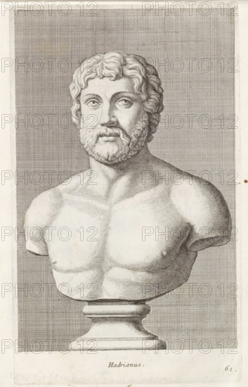 Hadrian, Bust of Emperor Hadrian, print, album page, Series number, 61, 98, Classical bust of a bearded man with a bare torso., with a series of prints after the sculptures in the collection of Gerard Reynst., number: '70', inscription: 'Vide lib. .No. 19 fol. 15', printmaker: Hubert Quellinus, Antwerp, printmaker: Gerard de Lairesse, 1646 - 1670, paper, engraving, gravure, height 327 mm x width 197 mm, Person, piece of sculpture, reproduction of a piece of sculpture, male persons from classical history, A detailed engraved bust of a bearded man mounted on a pedestal, shown from the chest upward and set against a densely crosshatched rectangular background, with wavy hair, deep-set eyes, a full curly beard, a defined nose and lips, muscular shoulders and chest with smooth shading, the sculpture appearing stone-like with visible engraving lines and a narrow plain border around the image.