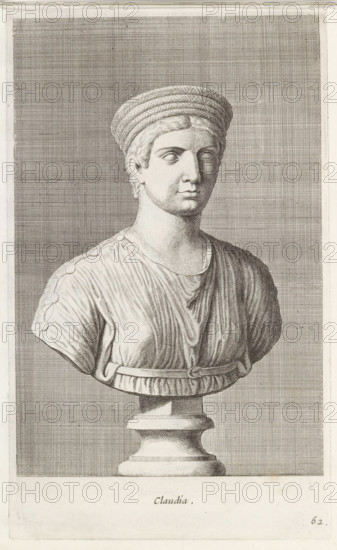 Claudia, Bust of Claudia, print, album page, Series number, 62, 98, Classical bust of a woman in a tunic, with a belt around her waist, turned to the right., with a series of prints after the sculptures in the collection of Gerard Reynst., number: '70', printmaker: Hubert Quellinus, Antwerp, printmaker: Gerard de Lairesse, 1646 - 1670, paper, engraving, gravure, height 325 mm x width 198 mm, piece of sculpture, reproduction of a piece of sculpture, female persons from classical history, A finely detailed engraved bust of a person shown from the chest upward, wearing a coiled, banded headpiece and a draped garment fastened on one shoulder with round clips, the face rendered with smooth contours and solemn expression, the figure mounted on a classical pedestal, all set against a closely hatched rectangular background within a bordered frame.