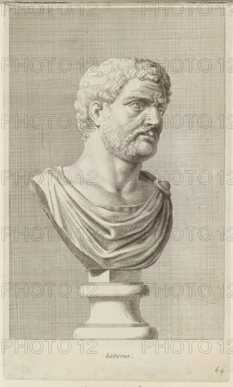 Severus, Bust of Severus, print, album page, Series number, 64, 98, Classical bust of a bearded man, turned to the right, with a series of prints after the sculptures in the collection of Gerard Reynst., number: '71', inscription: 'Vide lib. No. 19. fol. 21 et 24', printmaker: Hubert Quellinus, Antwerp, printmaker: Gerard de Lairesse, 1646 - 1670, paper, engraving, height 328 mm x width 194 mm, piece of sculpture, reproduction of a piece of sculpture, male persons from classical history, A detailed engraved bust of a man with short curly hair and a trimmed beard, shown from the shoulders upward and turned slightly to the viewer's right, wearing draped cloth across the chest that is fastened at one shoulder, mounted on a pedestal; the background consists of a fine grid of horizontal and vertical lines.