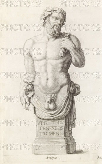Herme of Priapus, seen from the front, Priapus, print, album page, Series number, 65, 98, with a series of prints after the sculptures in the collection of Gerard Reynst., number: '72', printmaker: Hubert Quellinus, Antwerp, printmaker: Gerard de Lairesse, 1646 - 1670, paper, engraving, height 327 mm x width 200 mm, piece of sculpture, reproduction of a piece of sculpture, Priapus-herm, A detailed engraving of a male bust on a pedestal shows a bearded man with a wreath of leaves on his head, his torso exposed and muscular, one hand resting on his shoulder holding a draped cloth and the other hanging at his side holding a cluster of fruit and leaves; a cloth is wrapped around his hips and a small carved face or decorative element is positioned at the front of the cloth, while the pedestal beneath him features a series of horizontal blocks and an inscribed panel.