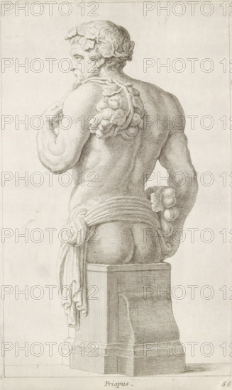 Herme of Priapus, seen from behind, Priapus, print, album page, Series number, 66, 98, with a series of prints after the sculptures in the collection of Gerard Reynst., number: '72', printmaker: Hubert Quellinus, Antwerp, printmaker: Gerard de Lairesse, 1646 - 1670, paper, engraving, height 325 mm x width 197 mm, piece of sculpture, reproduction of a piece of sculpture, Priapus-herm, A detailed pencil or ink drawing of a male bust shown from behind and turned slightly to the side, seated on a rectangular pedestal. The figure has curly hair with a wreath of leaves and a cluster of grapes draped over one shoulder, and a muscular back and arms with finely rendered shading. A cloth is wrapped around the waist and knotted at the side, with loose folds hanging down beside the pedestal. The pedestal is depicted with architectural molding and vertical lines, and the drawing shows delicate crosshatching and line work throughout on a light background.