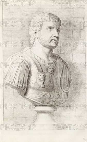 Bust of a man in armor, facing right, print, album page, Series number, 67, 98, with a series of prints after the sculptures in the collection of Gerard Reynst., number: '73', printmaker: Hubert Quellinus, Antwerp, printmaker: Gerard de Lairesse, 1646 - 1670, paper, engraving, gravure, height 325 mm x width 194 mm, piece of sculpture, reproduction of a piece of sculpture, male persons from classical history, A detailed pencil or ink drawing of a classical bust mounted on a pedestal, showing a bearded man with short curly hair turned slightly to the right, wearing a draped military-style garment with decorative shoulder pieces and ornamental lion-head motifs on the chest, the surface rendered with fine crosshatching and contour lines, set against a stone-block wall background with visible horizontal and vertical joint lines and subtle shadowing.