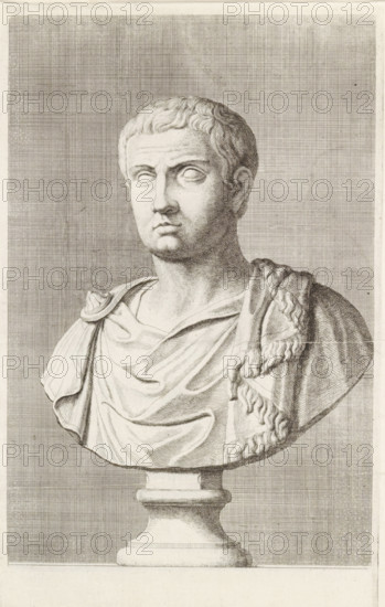 Bust of a young man in a toga, facing left, print, album page, Series number, 68, 98, with a series of prints after the sculptures in the collection of Gerard Reynst., number: '73', printmaker: Hubert Quellinus, Antwerp, printmaker: Gerard de Lairesse, 1646 - 1670, paper, engraving, gravure, height 325 mm x width 195 mm, piece of sculpture, reproduction of a piece of sculpture, male persons from classical history, A detailed monochrome engraving of a classical marble bust on a pedestal, showing a man's head and upper torso turned slightly to one side; the face has short wavy hair, prominent brow, hollowed eyes, straight nose, and closed lips, with subtle shading to indicate facial contours; the figure wears draped garments with folded cloth across the chest and a decorated, fringed cloak over one shoulder, fastened by a round brooch; the bust rests on a rounded columnar base and is set against a finely hatched rectangular background.
