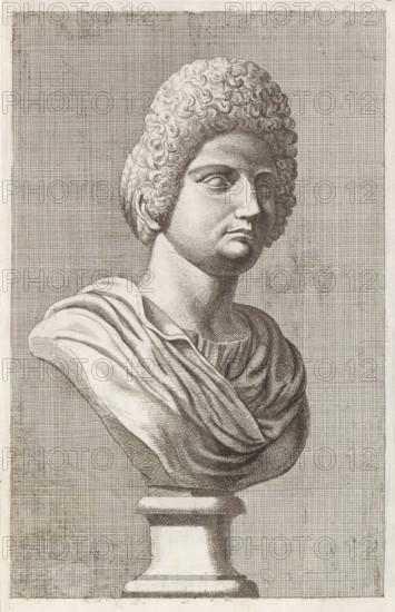 Bust of a woman with high hair, print, album page, Series number, 69, 98, with a series of prints after the sculptures in the collection of Gerard Reynst., number: '74', printmaker: Hubert Quellinus, Antwerp, printmaker: Gerard de Lairesse, 1646 - 1670, paper, engraving, gravure, height 327 mm x width 195 mm, piece of sculpture, reproduction of a piece of sculpture, female persons from classical history, A monochrome engraved image of a classical bust showing a head and upper torso on a pedestal, featuring tightly curled hair, a calm facial expression with closed or vacant eyes, and a draped garment across the shoulders and chest; the bust is rendered with fine crosshatching and shading against a background of dense grid-like lines, and the pedestal beneath the bust has a square stepped base and top.
