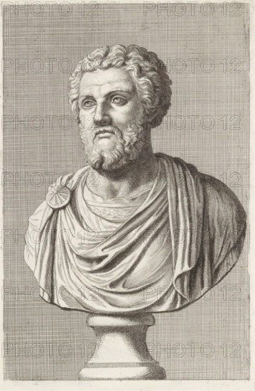 Bust of a bearded man in a toga, facing left, print, album page, Series number, 70, 98, with a series of prints after the sculptures in the collection of Gerard Reynst., number: '74', printmaker: Hubert Quellinus, Antwerp, printmaker: Gerard de Lairesse, 1646 - 1670, paper, engraving, gravure, height 324 mm x width 194 mm, piece of sculpture, reproduction of a piece of sculpture, male persons from classical history, A detailed black and white engraving of a classical marble bust showing a bearded man with curly hair, turned slightly to his left, wearing draped robes fastened at one shoulder with a circular brooch; the face has deeply carved eyes, a pronounced nose, and a full beard, while the drapery displays flowing folds and shaded texture; the bust rests on a rounded pedestal and is set against a finely crosshatched rectangular background filling the frame.