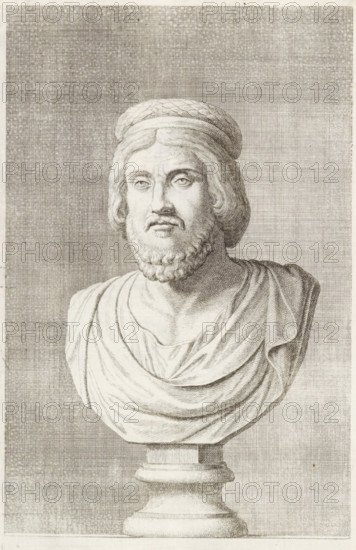 Bust of a man with a priestly crown, print, album page, Series number, 72, 98, with a series of prints after the sculptures in the collection of Gerard Reynst., number: '75', printmaker: Hubert Quellinus, Antwerp, printmaker: Gerard de Lairesse, 1646 - 1670, paper, engraving, gravure, height 327 mm x width 198 mm, piece of sculpture, reproduction of a piece of sculpture, male persons from classical history, A detailed pencil or ink drawing of a classical marble bust on a pedestal, showing a bearded man with wavy hair wearing a laurel-like headband and a draped toga; the face is rendered with careful shading around the eyes, nose, mouth, and beard, and the toga has flowing folds across the chest and shoulders; the pedestal beneath the bust is cylindrical with layered moldings, and the background consists of a textured crosshatched pattern filling the entire rectangular frame.