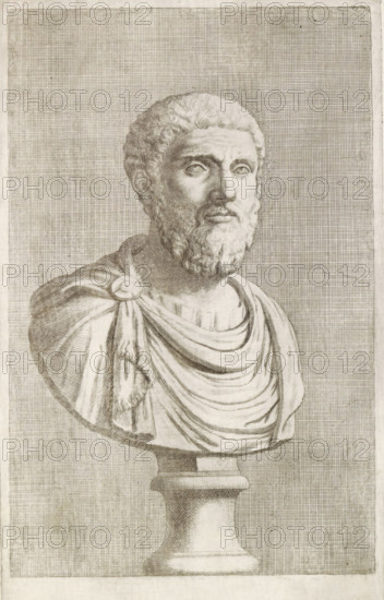Bust of a bearded man in a toga, facing right, print, album page, Series number, 73, 98, with a series of prints after the sculptures in the collection of Gerard Reynst., number: '76', printmaker: Hubert Quellinus, Antwerp, printmaker: Gerard de Lairesse, 1646 - 1670, paper, engraving, gravure, height 327 mm x width 195 mm, piece of sculpture, reproduction of a piece of sculpture, male persons from classical history, A monochrome engraved bust of a bearded man is shown from the chest upward on a pedestal, with short curly hair and a full beard, eyes looking slightly to the viewer's left, defined facial features and a contemplative expression. He wears draped garments fastened at one shoulder with a circular clasp and layered folds cascading across the chest, and the bust rests on a carved column base. The background is filled with a fine grid of horizontal and vertical lines, and the image has a rectangular border with subtle signs of aging and tonal variation in the paper.