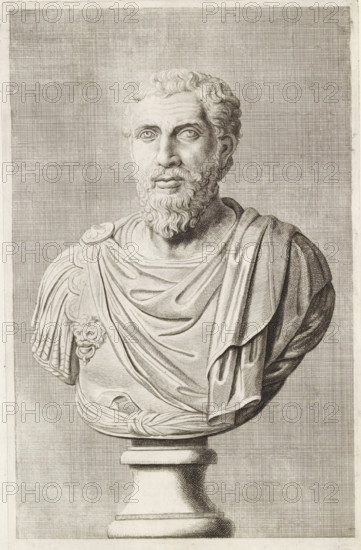 Bust of a bearded man in breastplate, from the front, print, album page, Series number, 74, 98, with a series of prints after the sculptures in the collection of Gerard Reynst., number: '76', printmaker: Hubert Quellinus, Antwerp, printmaker: Gerard de Lairesse, 1646 - 1670, paper, engraving, gravure, height 328 mm x width 198 mm, piece of sculpture, reproduction of a piece of sculpture, male persons from classical history, A detailed monochrome engraving of a classical male bust on a pedestal shows a bearded man with wavy hair and a solemn expression, his eyes looking slightly outward. He wears draped robes over a cuirass with ornamental elements, including a lion head-shaped decoration on one shoulder. The surface behind the figure is filled with a fine crosshatched pattern, and the pedestal beneath the bust is rendered with shading and subtle texture. The overall image emphasizes line work and intricate shading to define facial features, hair, folds of fabric, and sculptural form.