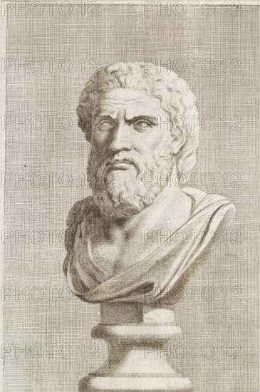 Bust of a bearded man, facing left, print, album page, Series number, 76, 98, with a series of prints after the sculptures in the collection of Gerard Reynst., number: '77', printmaker: Hubert Quellinus, Antwerp, printmaker: Gerard de Lairesse, 1646 - 1670, paper, engraving, gravure, height 328 mm x width 195 mm, piece of sculpture, reproduction of a piece of sculpture, male persons from classical history, A detailed pencil or ink drawing of a classical marble bust on a pedestal showing the head and upper torso of a bearded man with wavy hair, deeply set eyes without visible pupils, a furrowed brow, a straight nose, and a solemn closed mouth; draped cloth covers his shoulders and chest with folded fabric lines, and the bust rests on a rounded base and a tapered pedestal; the background is filled with a fine grid pattern covering the entire page.