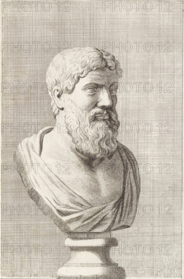 Bust of a bearded man, facing right, print, album page, Series number, 77, 98, with a series of prints after the sculptures in the collection of Gerard Reynst., number: '78', printmaker: Hubert Quellinus, Antwerp, printmaker: Gerard de Lairesse, 1646 - 1670, paper, engraving, gravure, height 328 mm x width 195 mm, piece of sculpture, reproduction of a piece of sculpture, male persons from classical history, A monochrome engraving of a classical bust shows a bearded male head and shoulders turned slightly to the viewer's right, with wavy hair and a full, curly beard. The figure wears a draped garment over one shoulder, carved folds visible across the chest. The bust rests on a rounded pedestal with a stepped base. Fine crosshatched lines form the background and shading across the figure, creating texture on the skin, hair, and fabric. The overall tone is light sepia with detailed linework defining contours and shadows.