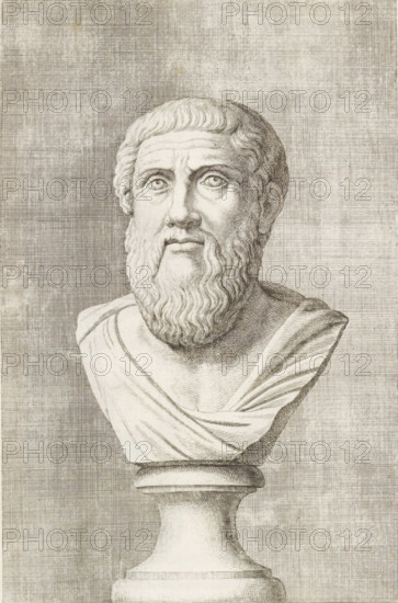 Bust of a bearded man, from the front, print, album page, Series number, 78, 98, with a series of prints after the sculptures in the collection of Gerard Reynst., number: '78', printmaker: Hubert Quellinus, Antwerp, printmaker: Gerard de Lairesse, 1646 - 1670, paper, engraving, gravure, height 328 mm x width 197 mm, piece of sculpture, reproduction of a piece of sculpture, male persons from classical history, A detailed black and white drawing of a classical bust on a pedestal showing a bearded man with wavy hair and a full beard, eyes looking slightly upward, a draped garment across the shoulders, and finely etched shading and crosshatching throughout the face, hair, clothing, and background.
