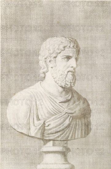 Bust of a bearded man, facing right, print, album page, Series number, 79, 98, with a series of prints after the sculptures in the collection of Gerard Reynst., number: '79', printmaker: Hubert Quellinus, Antwerp, printmaker: Gerard de Lairesse, 1646 - 1670, paper, engraving, gravure, height 328 mm x width 198 mm, piece of sculpture, reproduction of a piece of sculpture, male persons from classical history, A pencil or ink drawing of a classical bust showing a bearded man in three-quarter profile facing to the right, with wavy hair and a full beard, wearing draped clothing over his shoulders and chest, mounted on a rounded pedestal; the background is filled with a fine crosshatch texture covering the entire surface.