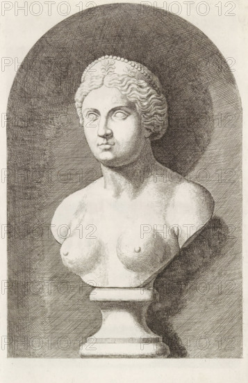 Bust of a woman with a crown, print, album page, Series number, 80, 98, with a series of prints after the sculptures in the collection of Gerard Reynst., number: '80', printmaker: Hubert Quellinus, Antwerp, printmaker: Gerard de Lairesse, 1646 - 1670, paper, engraving, gravure, height 328 mm x width 196 mm, piece of sculpture, reproduction of a piece of sculpture, female persons from classical history, A monochrome engraving of a classical female bust displayed on a pedestal, shown from the shoulders upward with exposed breasts, curly hair styled with a beaded headband, blank eyes with no pupils, a straight nose and closed mouth, finely crosshatched shading creating a rounded halo behind the head and textured shadows on the neck, chest, and background, and the pedestal depicted with layered moulding beneath the bust.