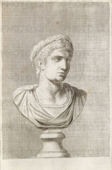 Bust of a young man with laurel wreath, facing right, print, album page, Series number, 81, 98, with a series of prints after the sculptures in the collection of Gerard Reynst., number: '81', printmaker: Hubert Quellinus, Antwerp, printmaker: Gerard de Lairesse, 1646 - 1670, paper, engraving, gravure, height 330 mm x width 198 mm, piece of sculpture, reproduction of a piece of sculpture, male persons from classical history, A grayscale drawing of a classical bust on a pedestal, showing a young person with short curly hair wearing a laurel wreath and draped clothing secured at one shoulder with a round clasp, the face turned slightly to one side with a neutral expression, the neck and upper chest detailed with shading, the pedestal beneath rendered with simple rounded forms, and the background filled with a dense grid pattern.