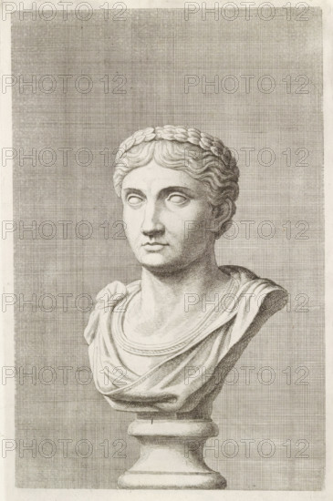 Bust of a young man with laurel wreath, facing left, print, album page, Series number, 82, 98, with a series of prints after the sculptures in the collection of Gerard Reynst., number: '82', printmaker: Hubert Quellinus, Antwerp, printmaker: Gerard de Lairesse, 1646 - 1670, paper, engraving, gravure, height 325 mm x width 194 mm, piece of sculpture, reproduction of a piece of sculpture, male persons from classical history, A monochrome engraved bust of a classical figure shown from the chest upward on a fluted pedestal, featuring a laurel wreath resting on short wavy hair, blank sculpted eyes, a straight nose, and closed lips, with draped clothing gathered at one shoulder and detailed shading lines creating contour and texture against a finely crosshatched rectangular background.