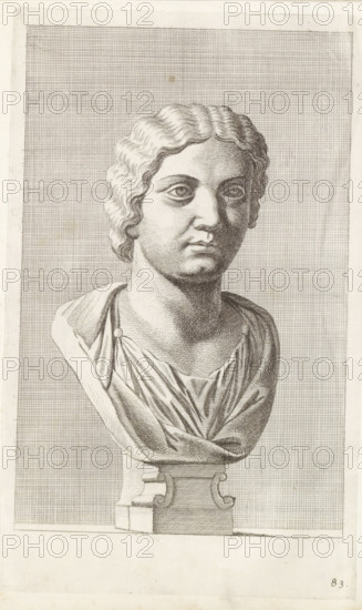 Bust of a woman with medium-length wavy hair, print, album page, Series number, 83, 98, with a series of prints after the sculptures in the collection of Gerard Reynst., number: '83', printmaker: Hubert Quellinus, Antwerp, printmaker: Gerard de Lairesse, 1646 - 1670, paper, engraving, gravure, height 325 mm x width 199 mm, piece of sculpture, reproduction of a piece of sculpture, female persons from classical history, A detailed monochrome engraving of a classical bust set against a finely crosshatched rectangular background, showing a head with wavy hair, large eyes, straight nose, and closed lips, mounted on a draped garment pinned at one shoulder and resting on an ornate pedestal with curved supports, all rendered with fine line shading and stippling on an off-white paper.