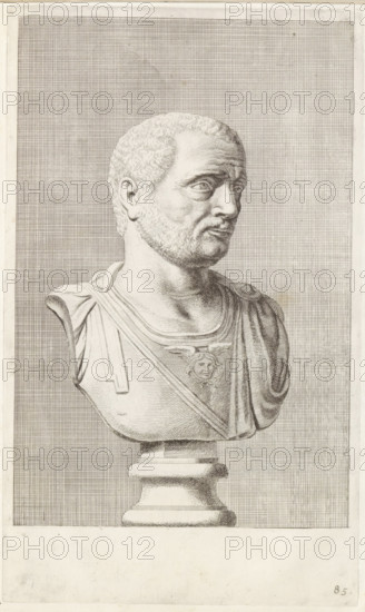 Bust of a man with breastplate, facing right, print, album page, Series number, 85, 98, with a series of prints after the sculptures in the collection of Gerard Reynst., number: '85', printmaker: Hubert Quellinus, Antwerp, printmaker: Gerard de Lairesse, 1646 - 1670, paper, engraving, gravure, height 326 mm x width 195 mm, piece of sculpture, reproduction of a piece of sculpture, male persons from classical history, A detailed monochrome engraving of a sculpted bust on a pedestal depicting a man with short curly hair and a close-cropped beard, shown in three-quarter profile facing right; he wears a draped garment with a decorative emblem at the chest and a folded cloak over one shoulder, and the stone surface shows fine engraved shading and crosshatch background lines that fill the rectangular frame.
