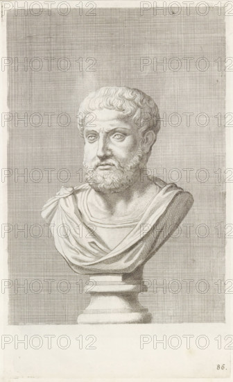 Bust of a bearded man, facing left, print, album page, Series number, 86, 98, with a series of prints after the sculptures in the collection of Gerard Reynst., number: '86', printmaker: Hubert Quellinus, Antwerp, printmaker: Gerard de Lairesse, 1646 - 1670, paper, engraving, gravure, height 325 mm x width 197 mm, piece of sculpture, reproduction of a piece of sculpture, male persons from classical history, A detailed monochrome engraving of a classical male bust on a pedestal, showing a bearded man with wavy hair and a solemn expression, draped garments across his shoulders and chest, rendered with fine line shading and crosshatching against a textured rectangular background; the pedestal beneath the bust is visible and the lower portion of the page is largely blank.