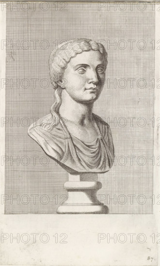 Bust of a woman with a ponytail, print, album page, Series number, 87, 98, with a series of prints after the sculptures in the collection of Gerard Reynst., number: '87', printmaker: Hubert Quellinus, Antwerp, printmaker: Gerard de Lairesse, 1646 - 1670, paper, engraving, gravure, height 325 mm x width 194 mm, piece of sculpture, reproduction of a piece of sculpture, female persons from classical history, A detailed engraved bust of a person shown from the shoulders up on a pedestal, rendered in fine parallel and cross-hatched lines, with wavy hair pulled back and a section falling over one shoulder, a draped garment with folded fabric across the chest, and a calm facial expression with closed or lightly shaded eyes, all set against a densely cross-hatched rectangular background panel and surrounded by a plain margin.