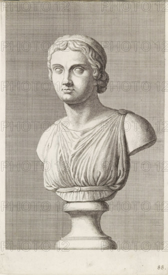 Bust of a woman in a toga, print, album page, Series number, 88, 98, with a series of prints after the sculptures in the collection of Gerard Reynst., number: '88', printmaker: Hubert Quellinus, Antwerp, printmaker: Gerard de Lairesse, 1646 - 1670, paper, engraving, gravure, height 325 mm x width 199 mm, piece of sculpture, reproduction of a piece of sculpture, female persons from classical history, A detailed monochrome engraving of a classical bust on a pedestal depicting a person with short wavy hair held back by a band, blank eyes, a straight nose, and a closed mouth, wearing a draped garment gathered at the shoulders with visible folds and a belted waist, set against a finely crosshatched rectangular background that contrasts with a blank margin around the image.