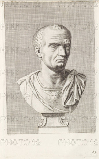 Bust of a man with breastplate, facing right, print, album page, Series number, 89, 98, with a series of prints after the sculptures in the collection of Gerard Reynst., number: '89', printmaker: Hubert Quellinus, Antwerp, printmaker: Gerard de Lairesse, 1646 - 1670, paper, engraving, gravure, height 325 mm x width 194 mm, piece of sculpture, reproduction of a piece of sculpture, male persons from classical history, A detailed engraved bust of a stern-looking man mounted on a decorative pedestal fills the frame, showing a shaved or closely cropped hairstyle, prominent brow lines, deep-set eyes, a straight nose, and a tight-lipped mouth; he wears a draped garment with a richly folded shoulder cloak and a breastplate decorated with a small winged face motif, and the background consists of a finely crosshatched grid that contrasts with the smooth shading of the sculpture.