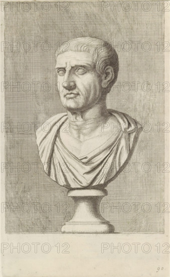 Bust of a man in a toga, facing left, print, album page, Series number, 90, 98, with a series of prints after the sculptures in the collection of Gerard Reynst., number: '90', printmaker: Hubert Quellinus, Antwerp, printmaker: Gerard de Lairesse, 1646 - 1670, paper, engraving, gravure, height 325 mm x width 194 mm, piece of sculpture, reproduction of a piece of sculpture, male persons from classical history, A detailed monochrome engraving of a classical bust is centered on the page, showing a male figure from the shoulders up with short, textured hair and a solemn expression; the face displays defined cheekbones, deep-set eyes without visible pupils, a straight nose, and a closed mouth with slight downturn at the corners, while the neck shows natural folds and musculature. The figure wears draped clothing with carefully rendered folds that cross the chest and fall over the shoulders onto a rounded pedestal base, which sits on a narrow column emerging from a flat plinth. The background...