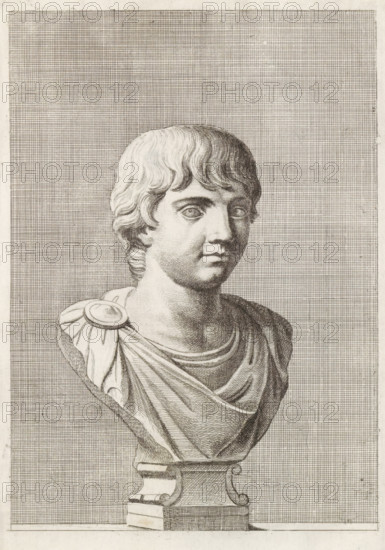Bust of a boy, facing right, print, album page, Series number, 91, 98, with a series of prints after the sculptures in the collection of Gerard Reynst., number: '91', printmaker: Hubert Quellinus, Antwerp, printmaker: Gerard de Lairesse, 1646 - 1670, paper, engraving, gravure, height 325 mm x width 194 mm, piece of sculpture, reproduction of a piece of sculpture, male persons from classical history, A detailed engraved bust of a young person with short wavy hair, facing slightly to the viewer's right, wearing draped clothing fastened at one shoulder with a circular brooch, set on a carved pedestal; the background consists of a finely crosshatched grid filling the rectangular space.