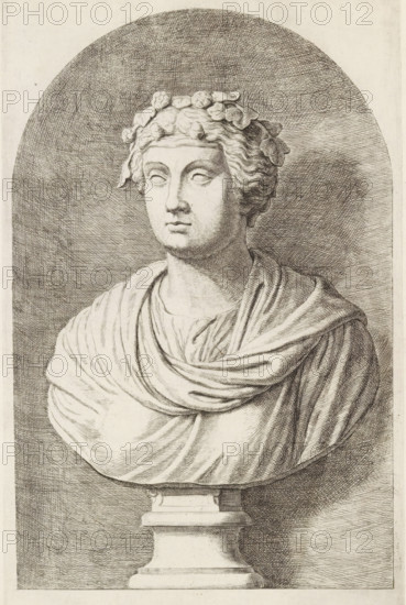Bust of a woman with a wreath in her hair, print, album page, Series number, 92, 98, with a series of prints after the sculptures in the collection of Gerard Reynst., number: '92', printmaker: Hubert Quellinus, Antwerp, printmaker: Gerard de Lairesse, 1646 - 1670, paper, engraving, gravure, height 325 mm x width 194 mm, piece of sculpture, reproduction of a piece of sculpture, female persons from classical history, A monochrome engraved bust of a person shown from the chest upward, set inside a rounded niche; the figure has wavy hair adorned with a wreath of rounded leaves and berries, a calm facial expression with eyes looking slightly upward, and a draped garment with layered folds across the shoulders and chest; the bust rests on a classical pedestal with a stepped base, and the background features fine cross-hatched shading within the arched niche.