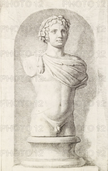 Sculpture of a faun, print, album page, Series number, 93, 98, with a series of prints after the sculptures in the collection of Gerard Reynst., number: '93', printmaker: Hubert Quellinus, Antwerp, printmaker: Gerard de Lairesse, 1646 - 1670, paper, engraving, height 325 mm x width 173 mm, piece of sculpture, reproduction of a piece of sculpture, satyrs, fauns, Sileni, (story of) Pan, A finely detailed pencil or ink drawing of a classical marble bust on a rounded pedestal set within a shallow arched niche, showing a youthful male torso with curly hair and an upward-turned gaze; one shoulder is draped with a cloth knot while the other arm is absent, and the figure’s anatomical contours and subtle shading are rendered with crosshatching and linear strokes against a textured background.